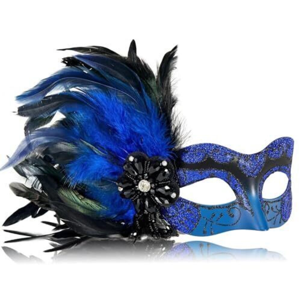 1821 2025 New Blue and Black Masquerade Mask with Feathers - Mascarade